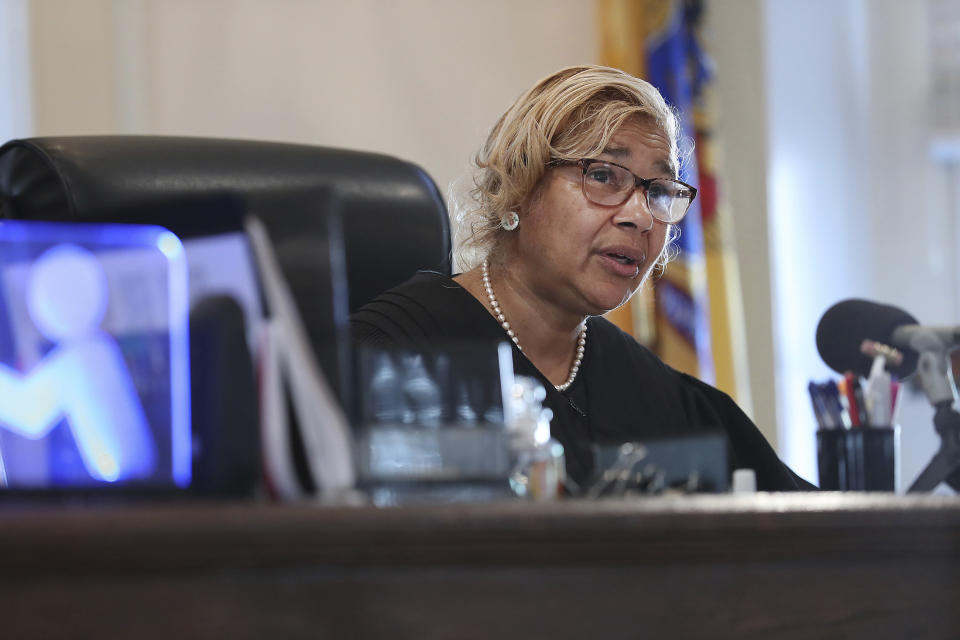 Judge Paula T. Dow addresses the lawyers during a hearing on missing funds in the Johnny Bobbitt case in the Olde Historic Courthouse in Mt. Holly, NJ Wednesday, Sept. 5, 2018. McClure and D'Amico are accused of mismanaging the money raised for Bobbitt. (David Maialetti/The Philadelphia Inquirer via AP, Pool)Inquirer/The Philadelphia Inquirer via AP)