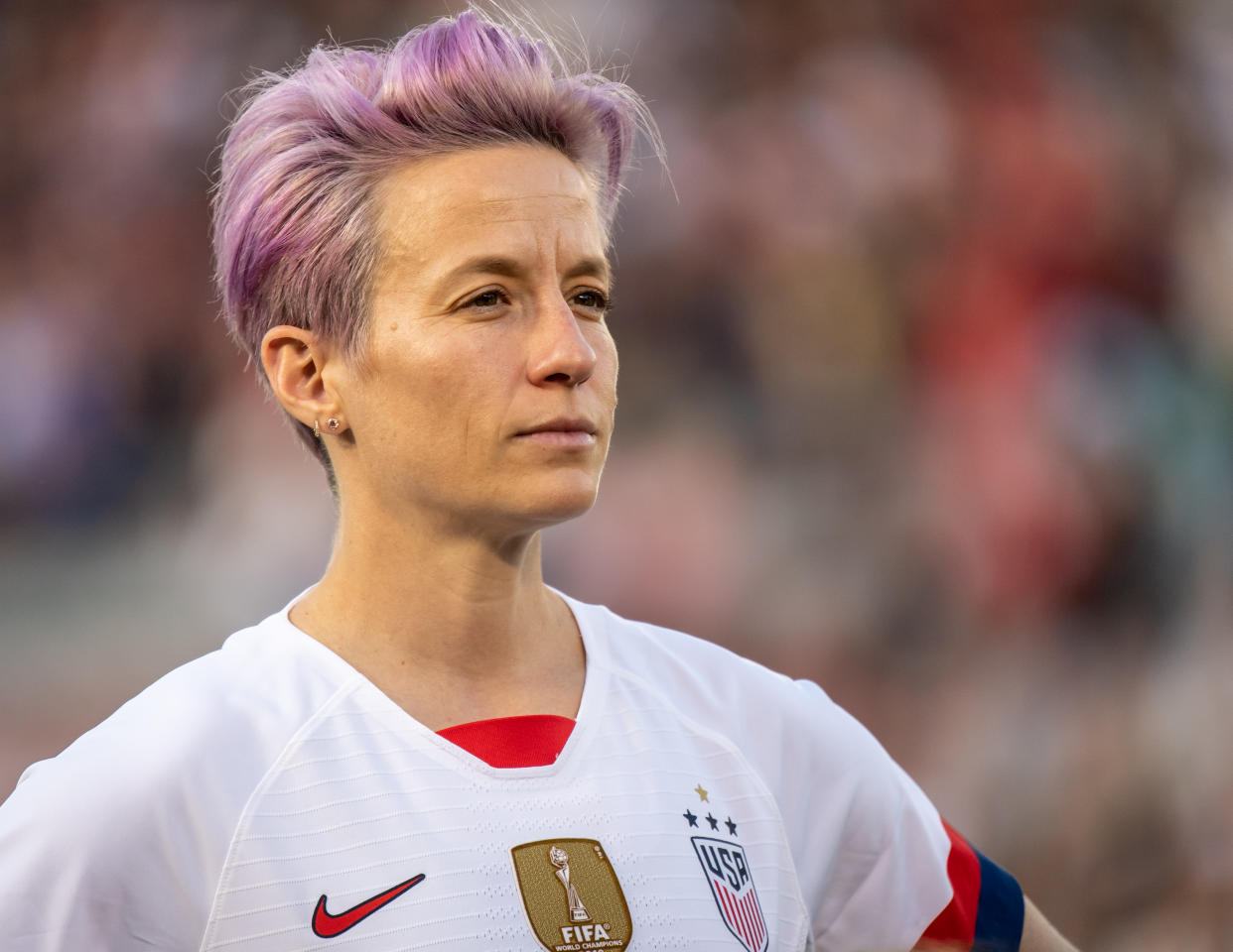 PASADENA, CA - AUGUST 3:   Megan Rapinoe #15 of the United States the United States international friendly match against Ireland at the Rose Bowl on August 3, 2019 in Pasadena, California.  The United States won the match 3-0 (Photo by Shaun Clark/Getty Images)