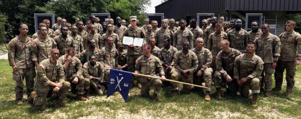 In a ceremony Tuesday at Fort Moore, Pvt. Matthew Cole,center holding certificates, was presented with the Soldier’s Medal for his heroic actions that saved a 3-year-old girl and her father from the rising Chattahoochee River while he was off duty May 26 in Columbus. Cole is with Echo Company, 1st Battalion, 19th Infantry Regiment of the 198th Infantry Brigade. 08/08/2023