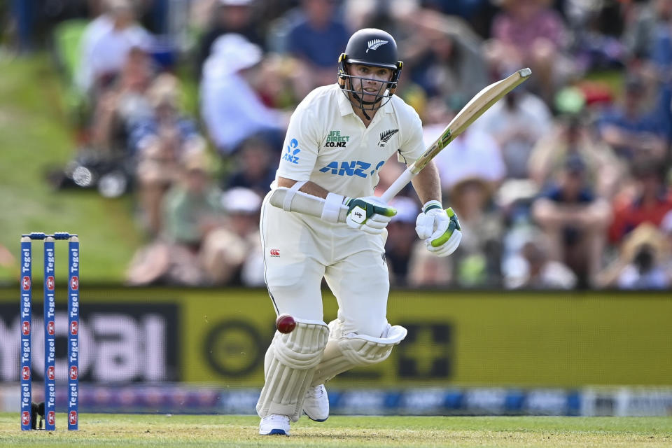 New Zealand's Tom Latham bats on day one for the second cricket test between New Zealand and Australia in Christchurch, New Zealand, Friday March 8, 2024. (John Davidson/Photosport via AP)