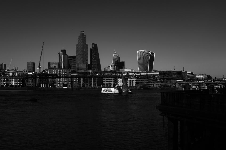 (EDITOR'S NOTE: image has been converted to black and white) General view of the south City of Londons Skyline on March 16, 2020 in London, England. Boris Johnson chaired a COBRA meeting this afternoon ahead of the first of daily televised public updates he is scheduled to give.  (Photo by Alberto Pezzali/NurPhoto via Getty Images)