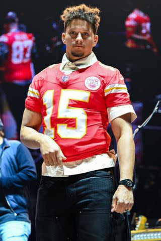 <p>Stephen Lovekin/Shutterstock</p> Mahomes appeared onstage with Kelce at the fiundraiser