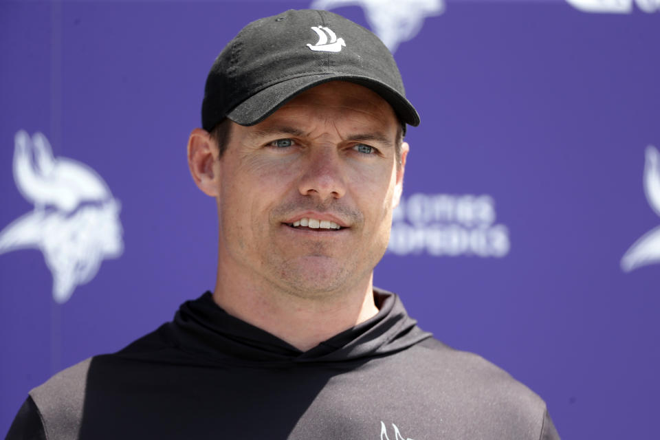 Minnesota Vikings head coach Kevin O'Connell speaks to the media after an NFL football practice, Tuesday, June 13, 2023, in Eagan, Minn. (AP Photo/Bruce Kluckhohn)