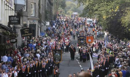 Members of the Orange Order march during a pro-Union rally in Edinburgh, Scotland September 13, 2014. REUTERS/Paul Hackett