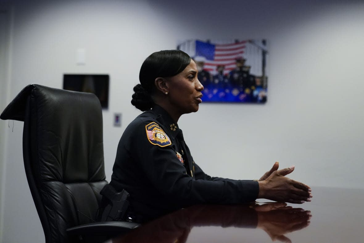 Memphis Police Director Cerelyn Davis speaks during an interview with The Associated Press in Memphis, Tenn., Friday, Jan. 27, 2023, in advance of the release of police body cam video showing Tyre Nichols being beaten by Memphis police officers. Nichols later died as a result of the incident. (AP Photo/Gerald Herbert)