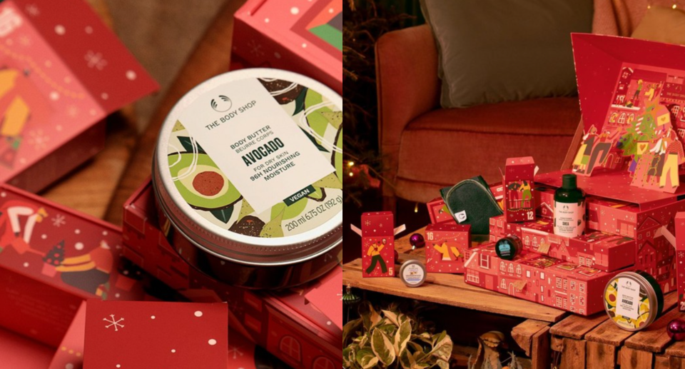 split screen of the body shop's share the love big advent calendar in red boxes with skincare products