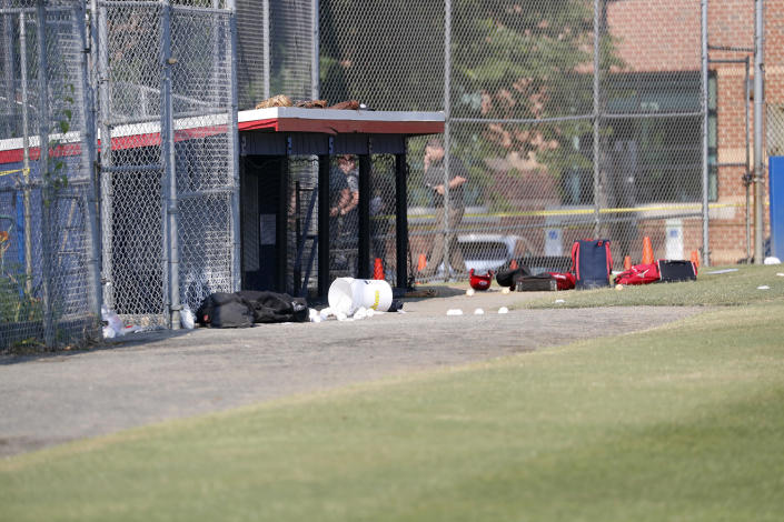 <p>Baseball equipment is seen scattered on the field where a shooting took place at the practice of the Republican congressional baseball team at Eugene Simpson Stadium Park in Alexandria, Va, June 14, 2017. (Photo: Shawn Thew/EPA) </p>