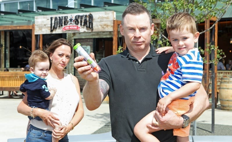 Jason and Trina Cunningham with their son Liam, 3, and Paxton, 1, outside Lone Star Rib House. Picture: Dione Davidson/The West Australian