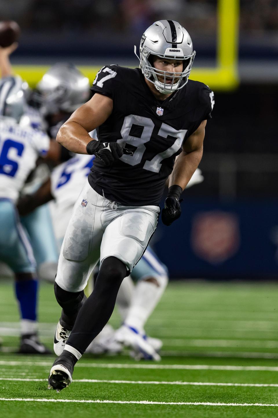 Las Vegas Raiders tight end Michael Mayer plays in the first half of an NFL football game against the Dallas Cowboys Aug. 26.