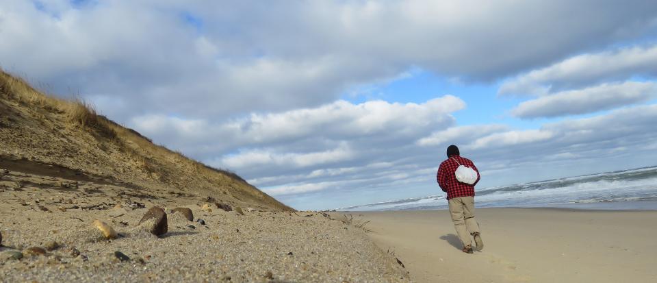 A lonely and mostly unsuccessful treasure hunter (me) at Long Nook Beach in Truro.