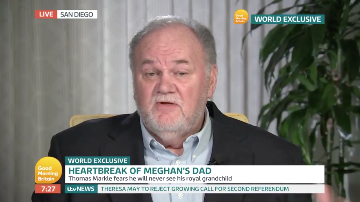 Thomas Markle appeared on Good Morning Britain on Monday [Photo: ITV]