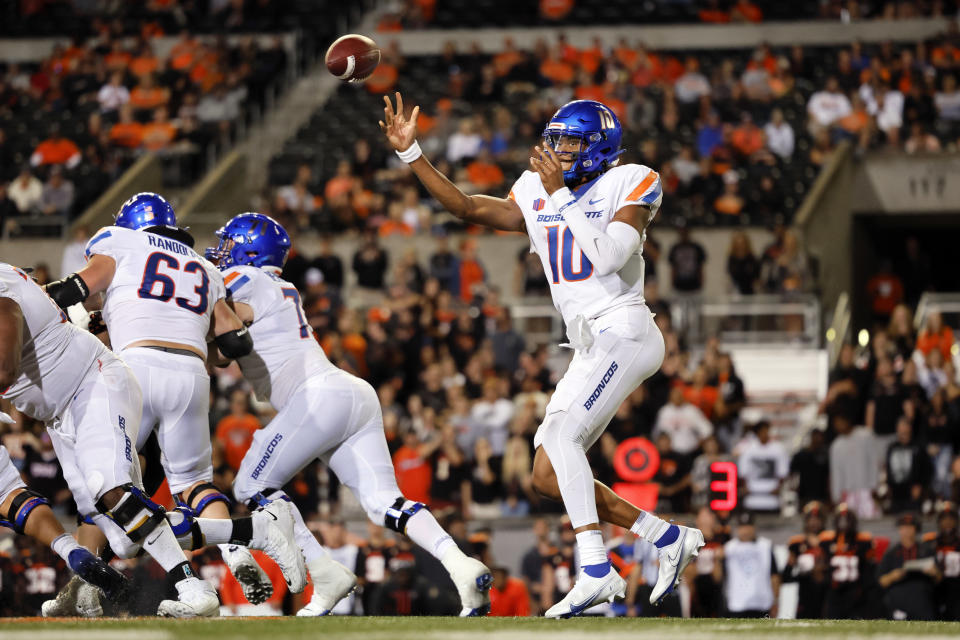 Sep 3, 2022; Corvallis, Oregon, USA; Boise State Broncos quarterback Taylen Green (10) throws the ball during the second half against the Oregon State Beavers at Reser Stadium. Mandatory Credit: Soobum Im-USA TODAY Sports