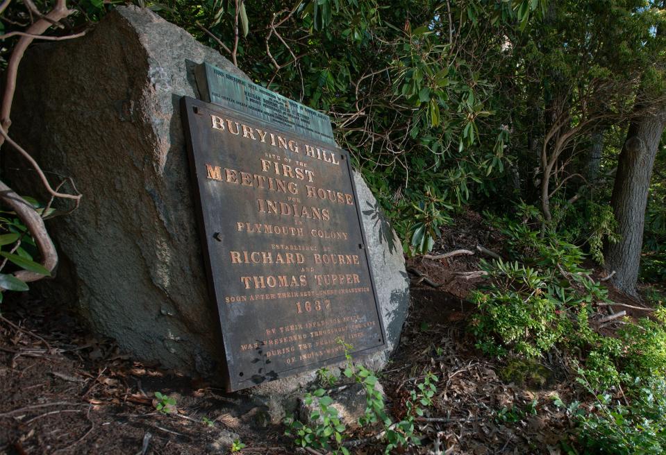 A stone on a hillside of Scenic Highway in Bourne commemorates a tribal burying ground and meeting house.