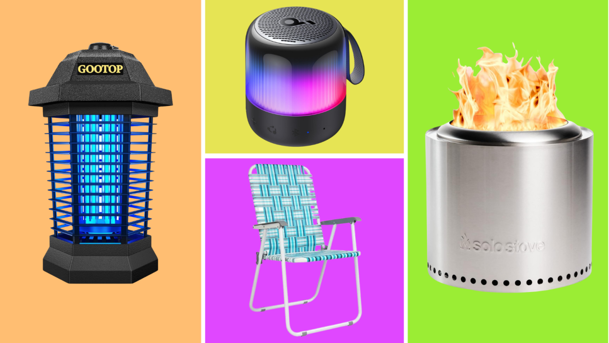 Cookout essentials: electric bug zapper, portable speaker, lawn chair, Solo Stove, all on a colorful background