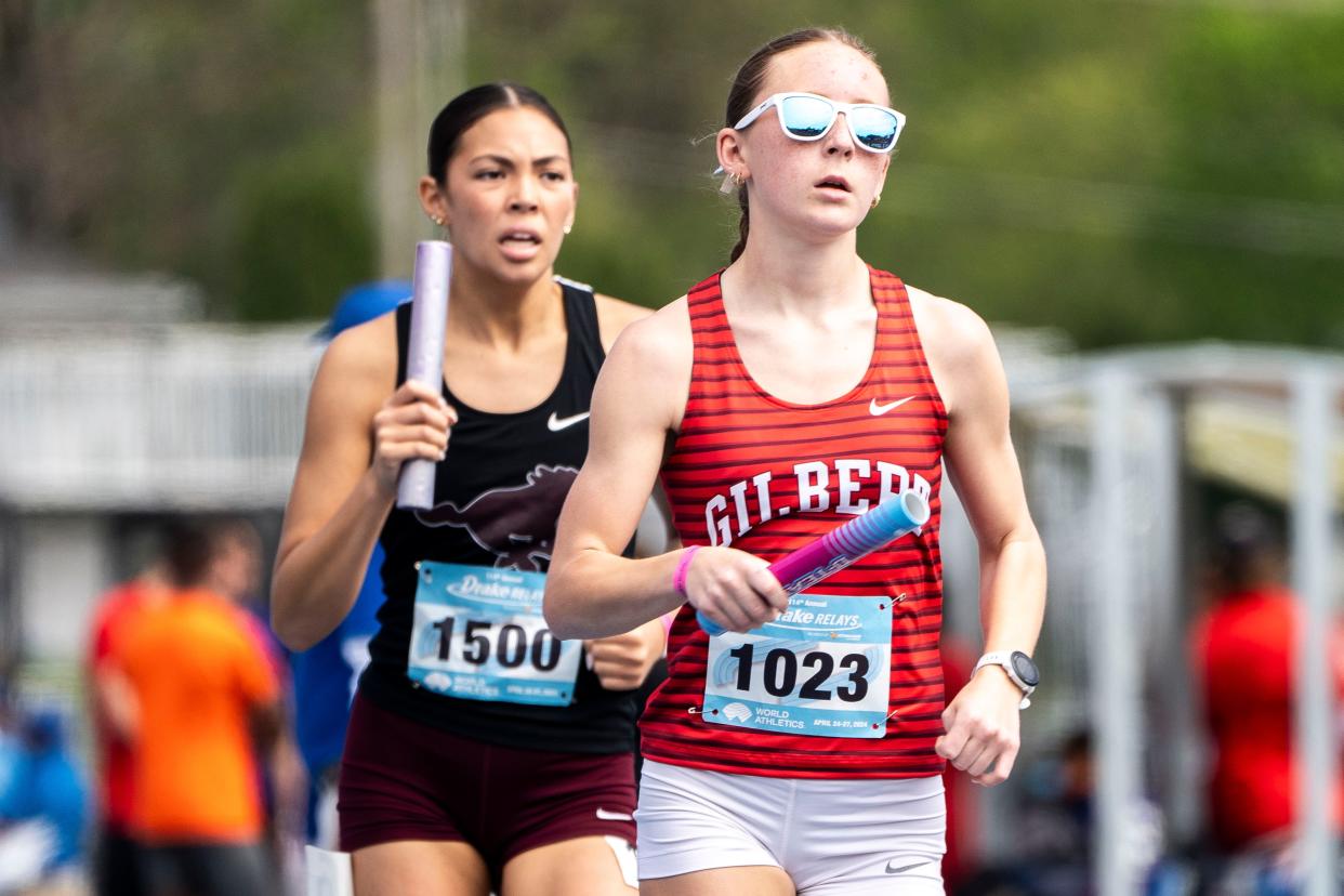 Gilbert senior leader Clare Stahr runs the opening leg of the Tiger girls' 4x800-meter relay team. After she is done running her leg, Stahr loves watching Keira Andersen (pictured) and the rest of her relay teammates compete.