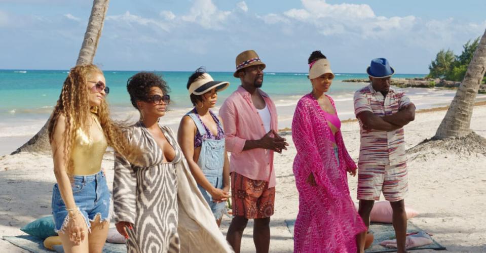 (L to R) Melissa De Sousa as Shelby, Nia Long as Jordan, Regina Hall as Candy, Harold Perrineau as Julian, Sanaa Lathan as Robin and Taye Diggs as Harper in a scene from Episode 2 of “The Best Man: The Final Chapters.” (Photo by Peacock)