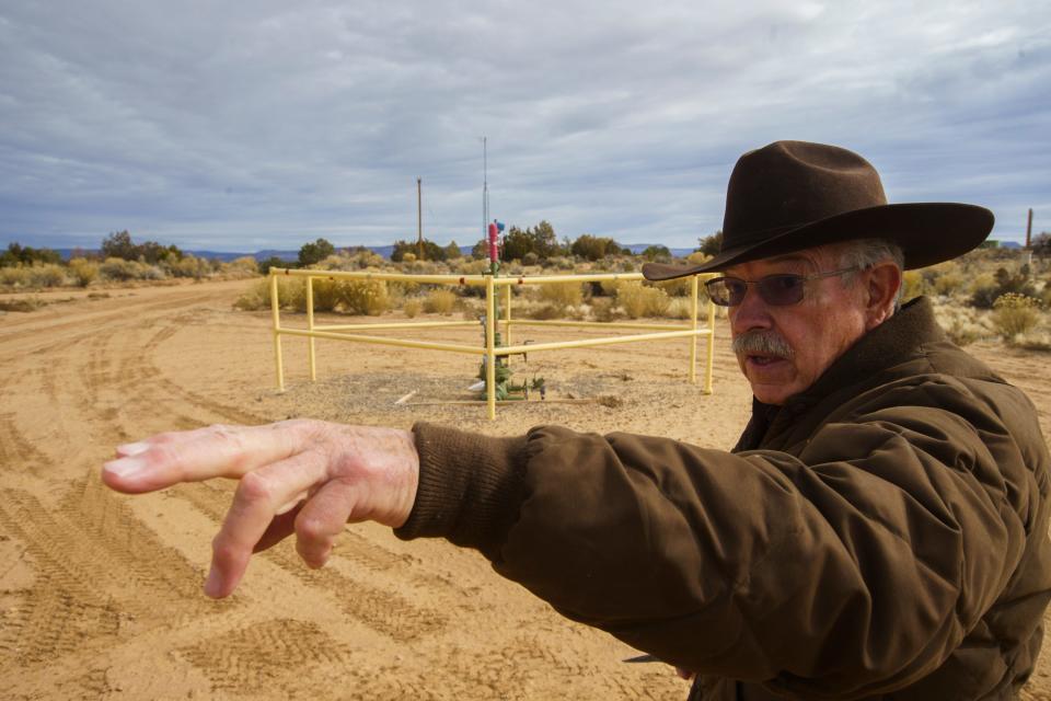 Don Schrieber shows one of the oldest natural gas wells in the area of his ranch, Well 30-039-07426, which was drilled June 3rd, 1953  in the San Juan Basin. Schrieber, a rancher turned activist it the San Juan Basin, has pushed for more consolidation and upkeep on the wells by the operating companies.