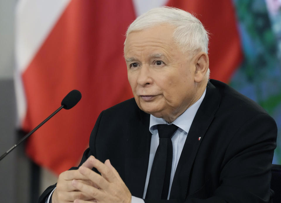 FILE - Jaroslaw Kaczynski, the head of Poland's ruling party Law and Justice, speaks at a news conference in Warsaw, Poland, on Tuesday Oct. 26, 2021. Poland’s most powerful politician has acknowledged that the country bought advanced spyware from the Israeli surveillance software maker NSO Group. But Jaroslaw Kaczynski, the leader of Poland’s ruling conservative party, Law and Justice, denied that it was being used to target his political opponents. (AP Photo/Czarek Sokolowski, File)