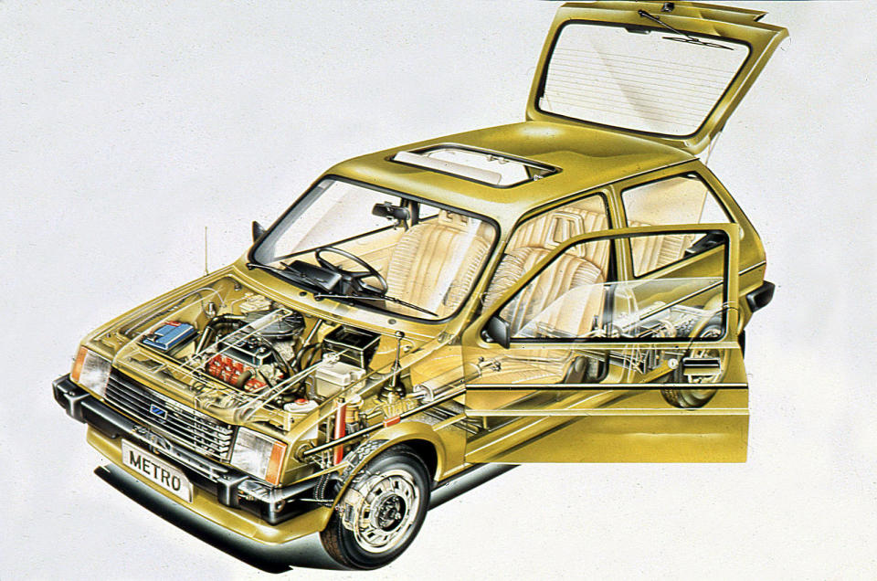 <p>Introduced to replace the original Mini, the Metro was outlived by the Issigonis marvel. At first we got the classic A-Series effort shown here, then came the K-Series edition which was <strong>badge-engineered</strong> to become the Rover 100.</p>