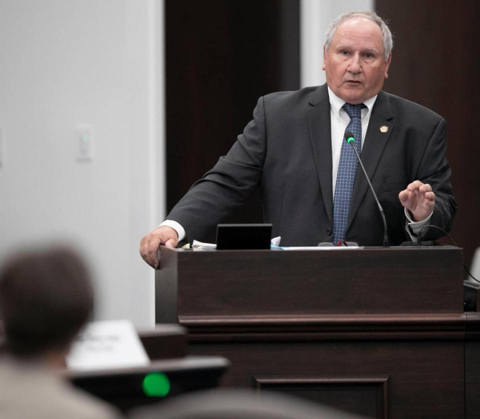 Rep. Mark Brody the sponsor of HB 358 answers questions about how the bill would be enforced during a hearing on Wednesday, April 14, 2021 at the Legislative Office Building on Raleigh, N.C.