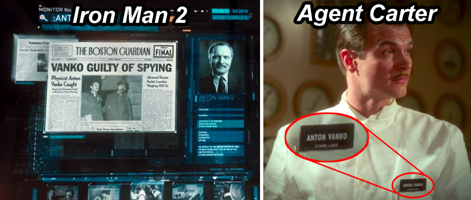 A screen in Iron Man 2 describing Ivan Vanko's history, including an espionage conviction, and Anton Vanko in Agent Carter wearing a name tag