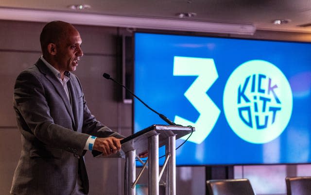 Kick It Out chief executive Tony Burnett speaks at the organisation’s 30th anniversary event