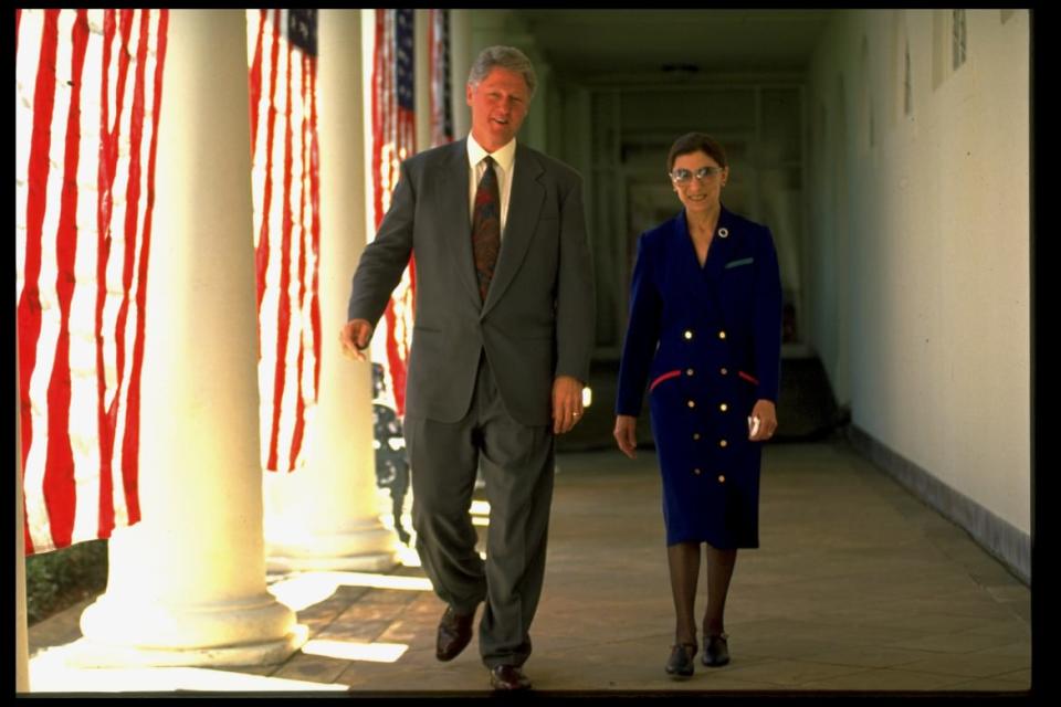 <div class="inline-image__caption"><p>Pres. Bill Clinton strolled along the White House colonnade with Supreme Court Justice nominee Ruth Bader Ginsburg on June 1, 1993. Ginsburg’s nomination passed the Senate that August, making her the second female justice in the Court’s history.</p></div> <div class="inline-image__credit">Cynthia Johnson/Getty</div>