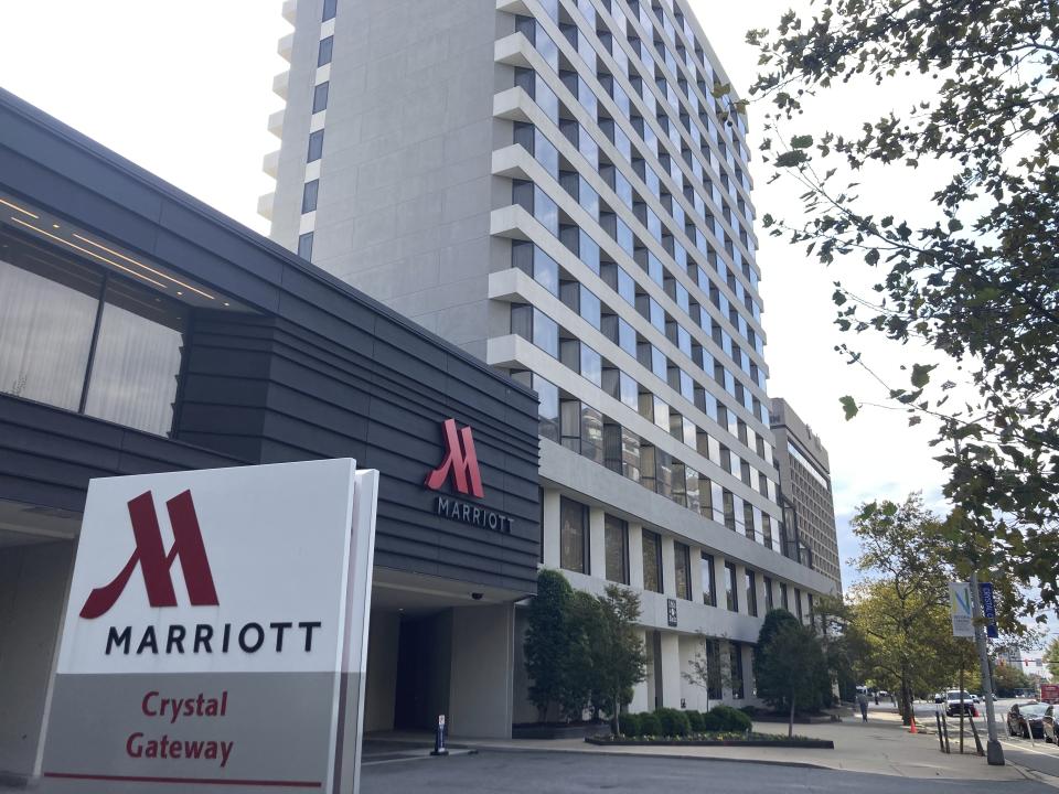 The Marriott Crystal Gateway in Arlington, Va., is sown Friday, Oct 20, 2023. Council on American-Islamic Relations, or CAIR, a national Muslim civil rights group, said Thursday, Oct. 19, 2023, it is moving its annual banquet out of the Virginia hotel that received bomb and death threats possibly linked to the group's concern for Palestinians caught in the Israel-Hamas war. (AP Photo/Matthew Barakat)
