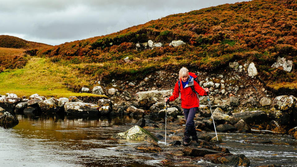 Hiker in a red jacket with poles crossing a river