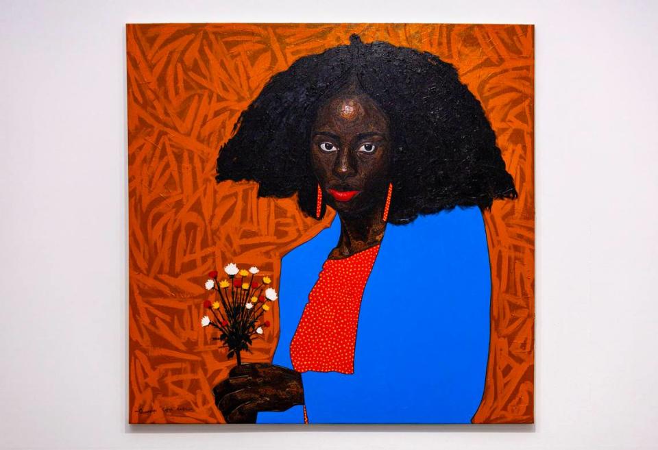 Artwork by artist Oluwabori Gafar is displayed at the Art Prizm Fair during Art Basel in the Design District neighborhood of Miami, Florida, on Tuesday, November 29, 2022.