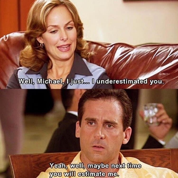 Melora Hardin and Steve Carell as coworkers in "the office"