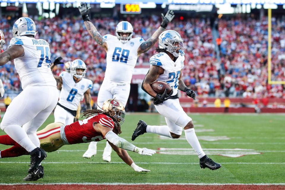 Lions running back Jahmyr Gibbs runs for a touchdown against the 49ers during the first half of the NFC championship game at Levi's Stadium in Santa Clara, California, on Sunday, Jan. 28, 2024.