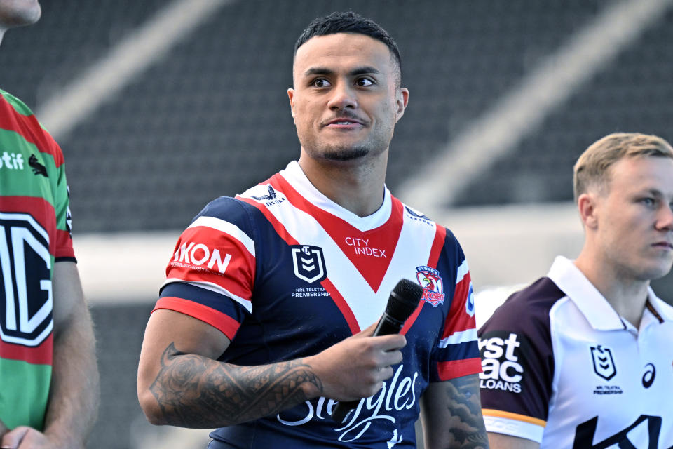 LAS VEGAS, NEVADA - DECEMBER 12: National Rugby League player Spencer Leniu speaks during the National Rugby League – Vegas Promo Tour at Allegiant Stadium on December 12, 2023 in Las Vegas, Nevada. Allegiant Stadium will host 10 NRL matches kicking off with a season-opening double-header next March. (Photo by David Becker/Getty Images for NRL)