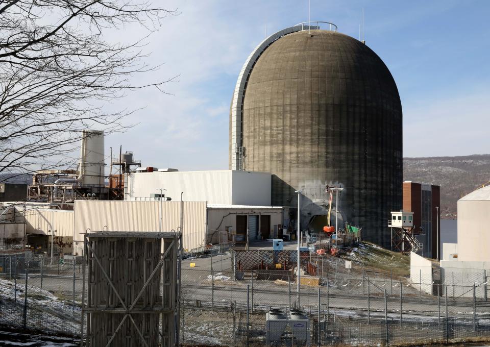 Work on the equipment hatch enlarging project, proceeds on the containment dome for Indian Point 2 at the Indian Point Energy Center in Buchanan, Jan. 12, 2022. Holtec International is in the process of decommissioning the property.