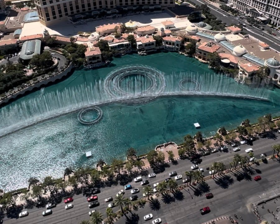 Rows of trees lining the iconic Bellagio Fountains were removed for November’s F1 race. (KLAS)