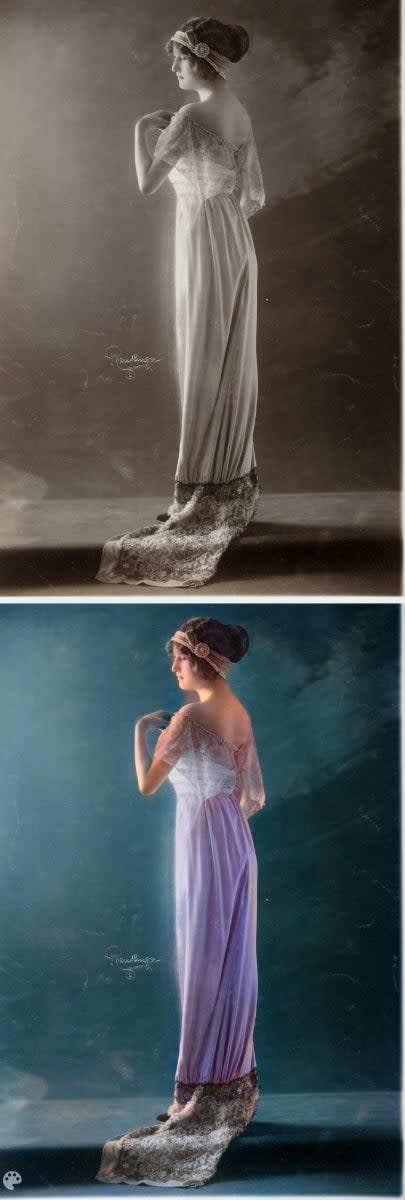 A woman stands in profile wearing an elegant gown with a long train. She holds one hand near her face and gazes to the side. The top image is sepia-toned; the bottom is colorized