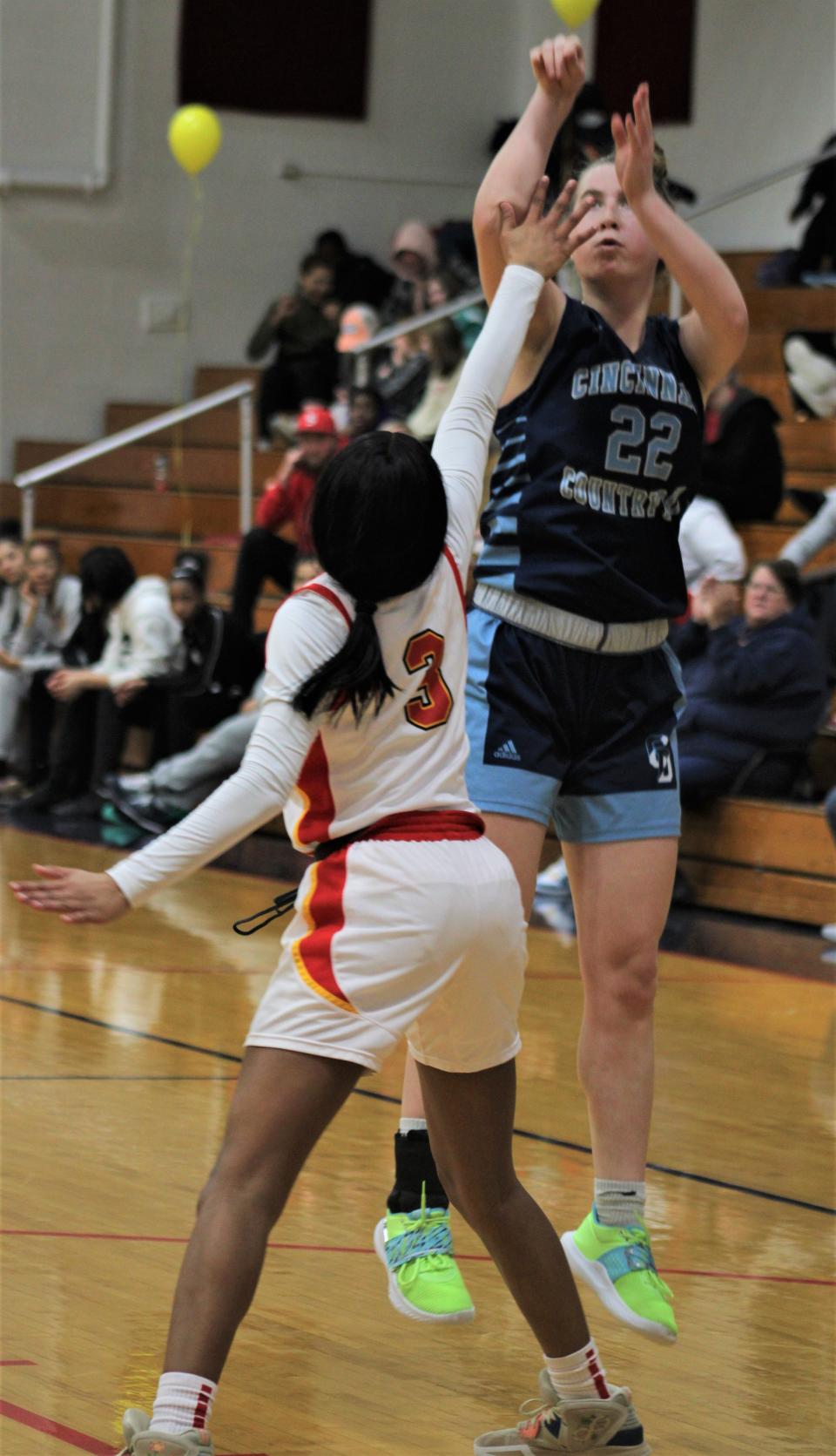 Cincinnati Country Day senior Gracie Barnes, playing Purcell Marian Feb. 1, joined teammate Megan Zimmerman on the 2023 All-Ohio teams.