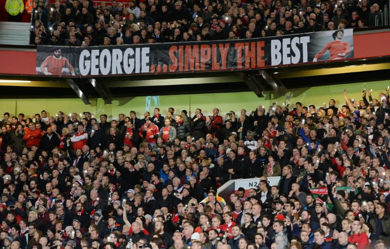 A tribute to former Manchester United and Northern Ireland footballer George Best at the Old Trafford Stadium in Manchester, on November 25, 2015