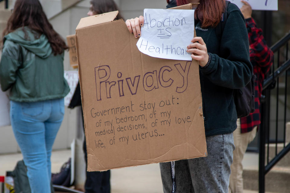 Outside of the Tippecanoe County Courthouse, protesters demonstrate as a response to the leaked Supreme Court opinion regarding the overturning of Roe v. Wade, on May 3, 2022, in Lafayette.