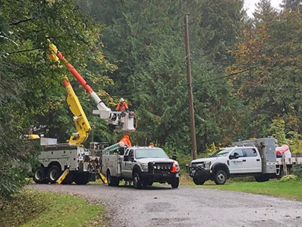 Crews with B.C. Hydro power are working to restore power to around 20,000 customers due to strong winds on May 18, 2022. (B.C. Hydro/Twitter - image credit)