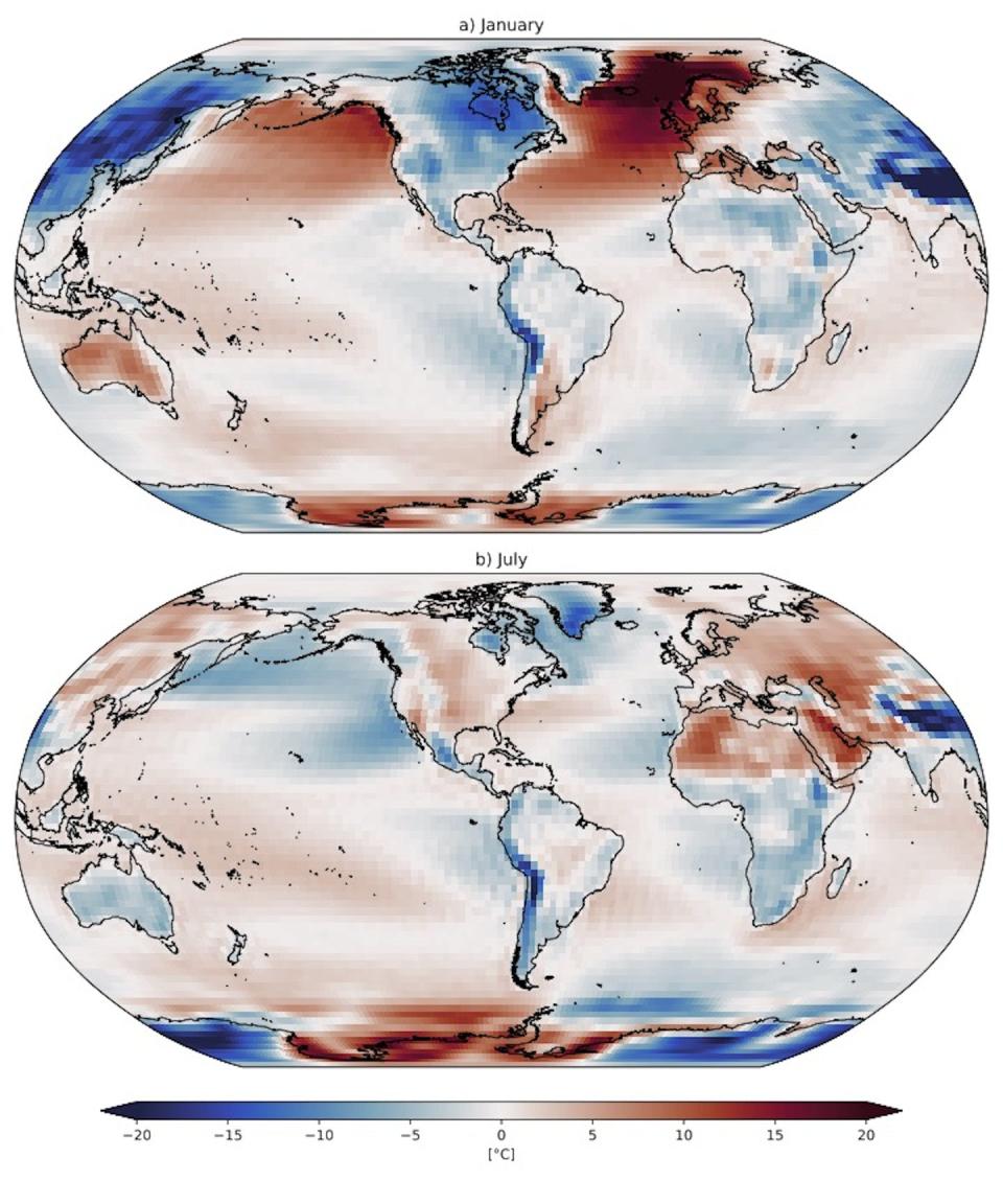 Desviación de la temperatura del aire en superficie respecto a la media zonal 1948-2018 en enero (arriba) y julio (abajo). <a href="https://www.sciencedirect.com/book/9780128160596/ocean-currents" rel="nofollow noopener" target="_blank" data-ylk="slk:Marsh & van Sebille, 2021; Datos: NCEP/NCAR;elm:context_link;itc:0;sec:content-canvas" class="link ">Marsh & van Sebille, 2021; Datos: NCEP/NCAR</a>, Author provided