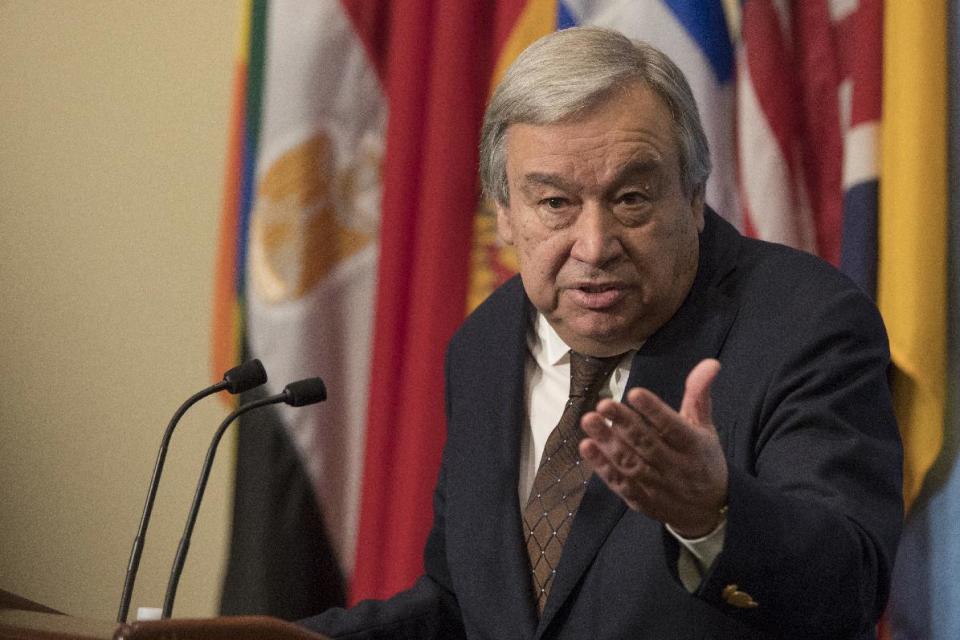 United Nations Secretary-General Antonio Guterres speaks to reporters during a news conference, Wednesday, Feb. 1, 2017 at United Nations headquarters. (AP Photo/Mary Altaffer)