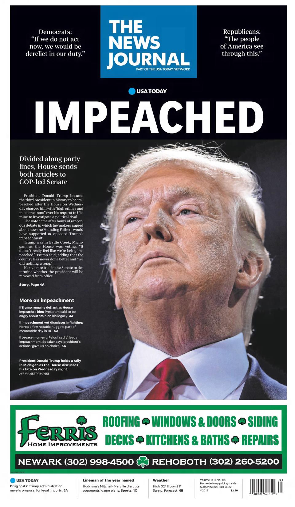 Front page of The News Journal from Dec. 19, 2019.