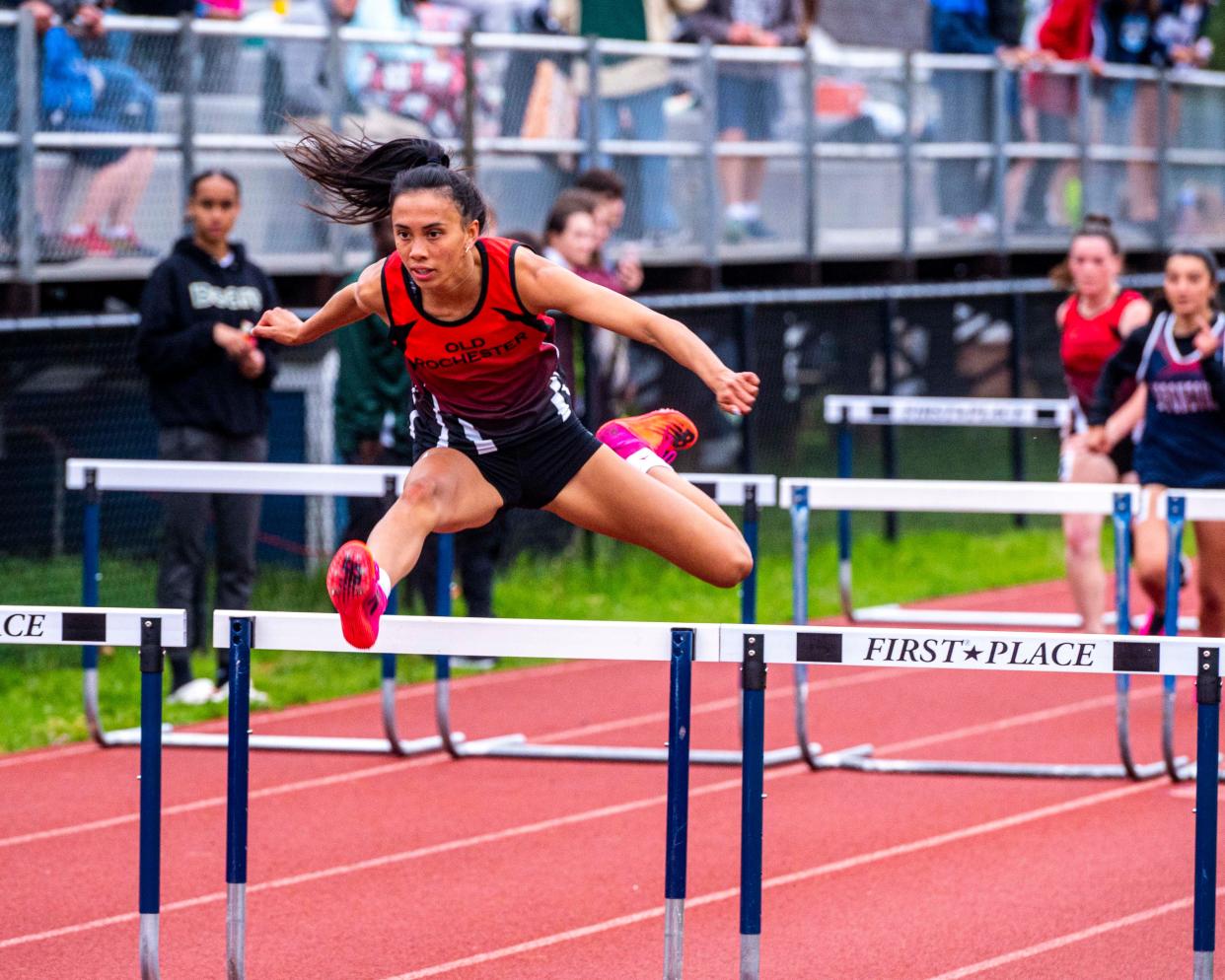 Old Rochester's Maggie Brogioli took second in the 100 hurdles at the SCC Championship.