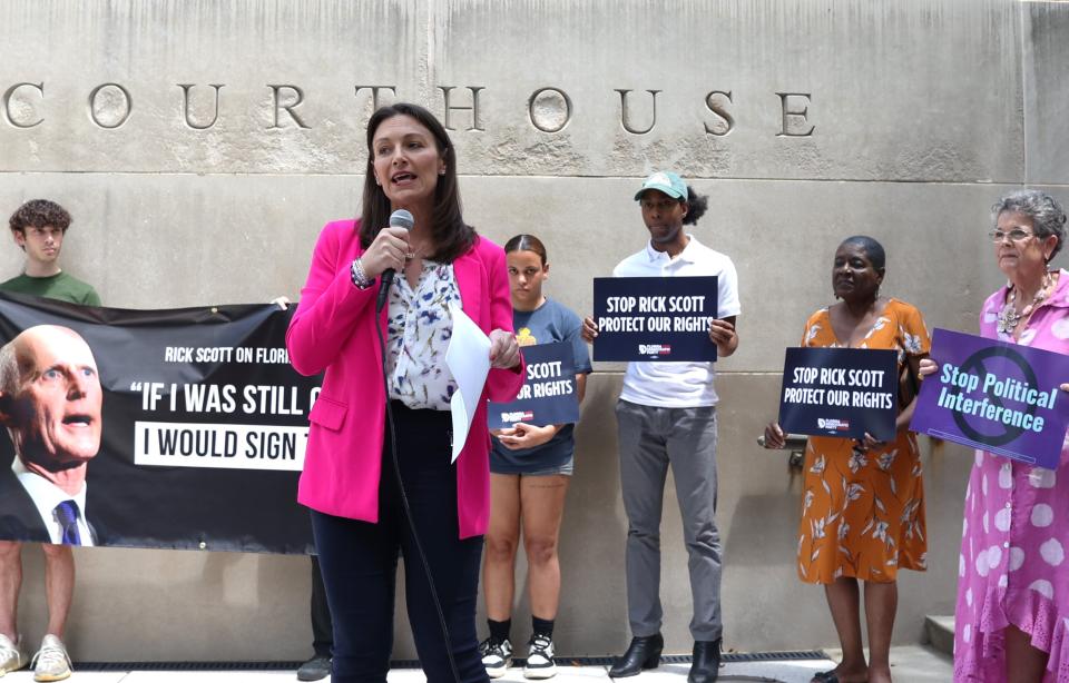 Florida Democratic Party chair Nikki Fried speaks in front of the Joseph Woodrow Hatchett U.S. Courthouse and Federal Building in Tallahassee, April 30, 2024.