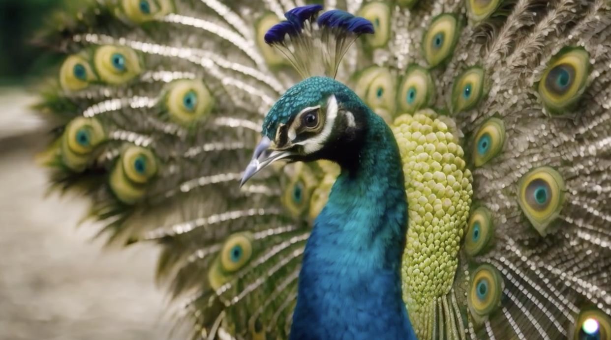 A still of Runway's Gen-2 video. This peacock is generated by AI.
