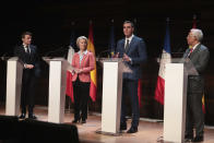 Spain's Prime Minister Pedro Sanchez, 3rd left speaks alongside French President Emmanuel Macron, left, the president of the European Commission Ursula von der Leyen, 2nd left and Portugal's President Antonio Costa during the H2Med summit in Alicante, Spain, Friday Dec. 9, 2022. The H2Mad summit is to discuss a plan for an undersea pipeline that would eventually transport hydrogen and will connect the ports of Barcelona in Spain and Marseille in France. (AP Photo/J.M Fernandez)