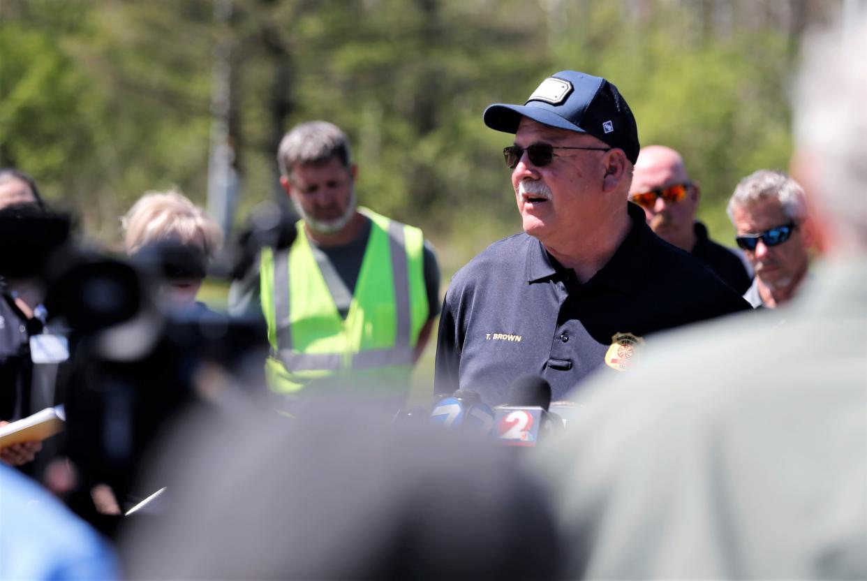 Richmond Fire Department Chief Tim Brown addresses the media during a press conference about a large fire April 13, 2023.