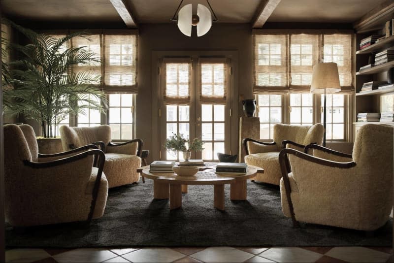 Moody living room with cream matching modern arm chairs and dark checkered rug, natural light and large plant