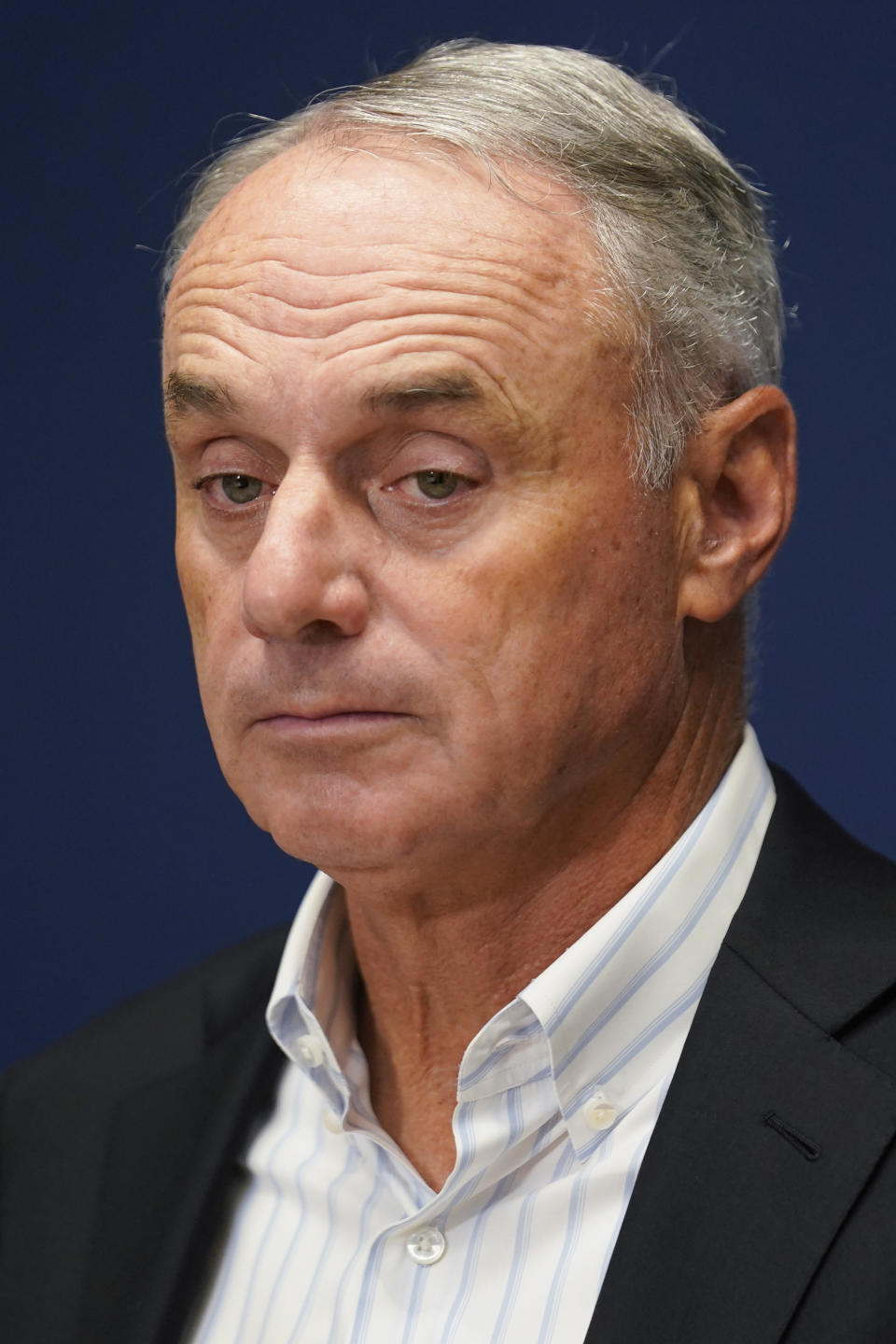 Major League Baseball Commissioner Rob Manfred speaks to reporters following an owners' meeting at MLB headquarters in New York, Thursday, June 16, 2022. (AP Photo/Seth Wenig)